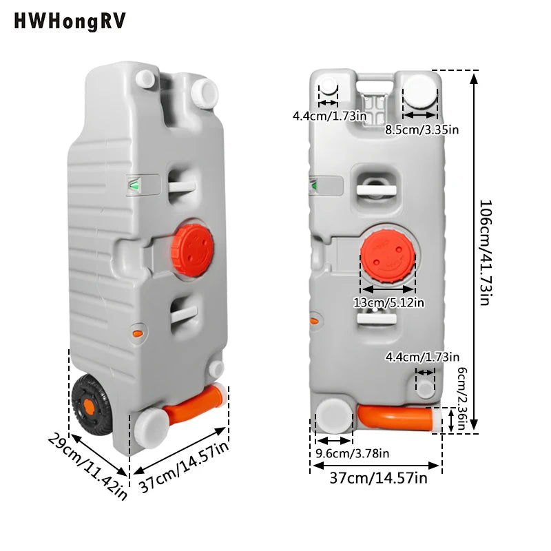 Portable RV Water Tank with Wheels, Quick Drain/Fill, Foldable Handle for Camping, Trailers and Caravans - Available in 3 Sizes.