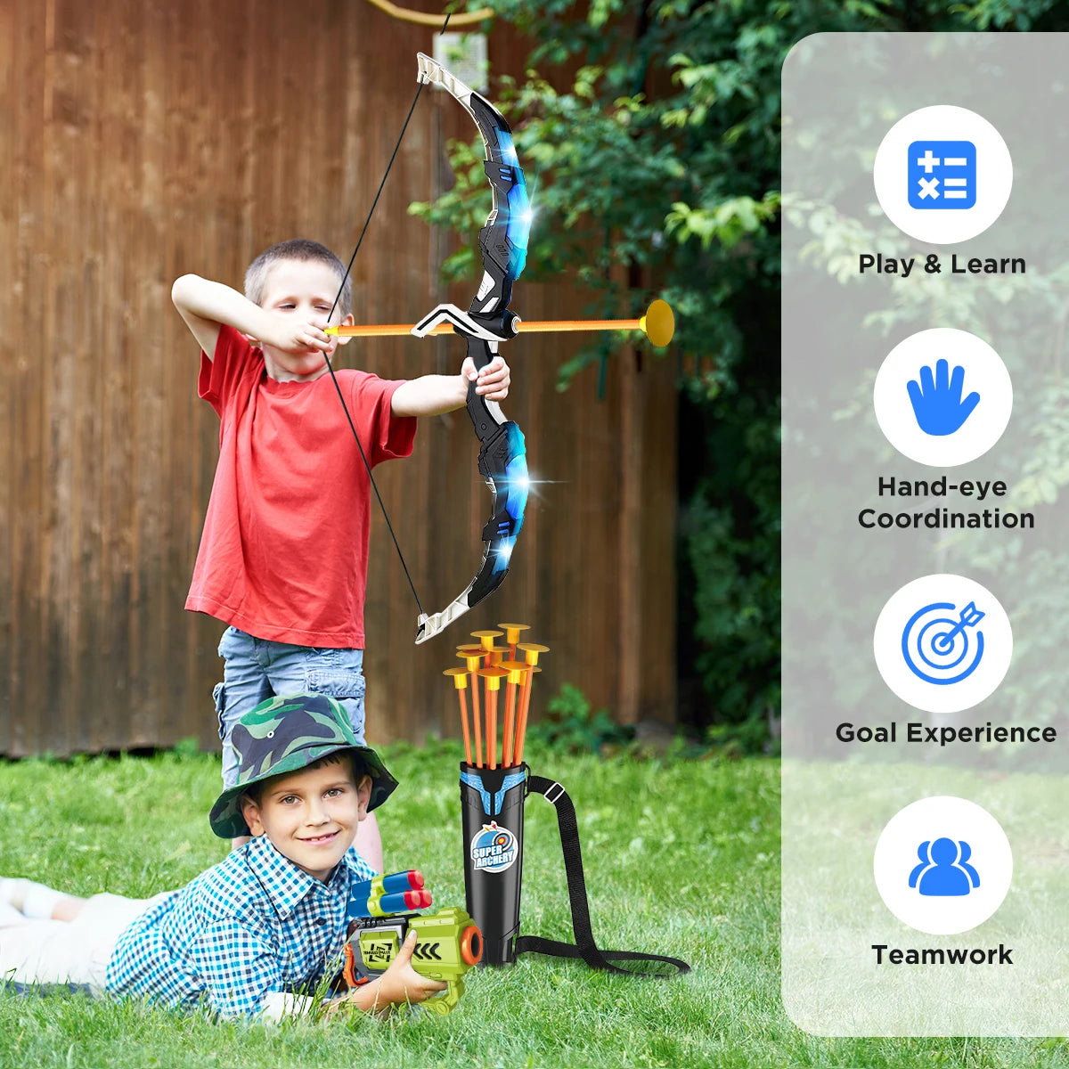 2X Bow & Arrow Toy, 3-12 Years Old Boys & Girls. Light Up Archery with Suction Cup Stand, Target Dart Board Indoor, Outdoor Toys