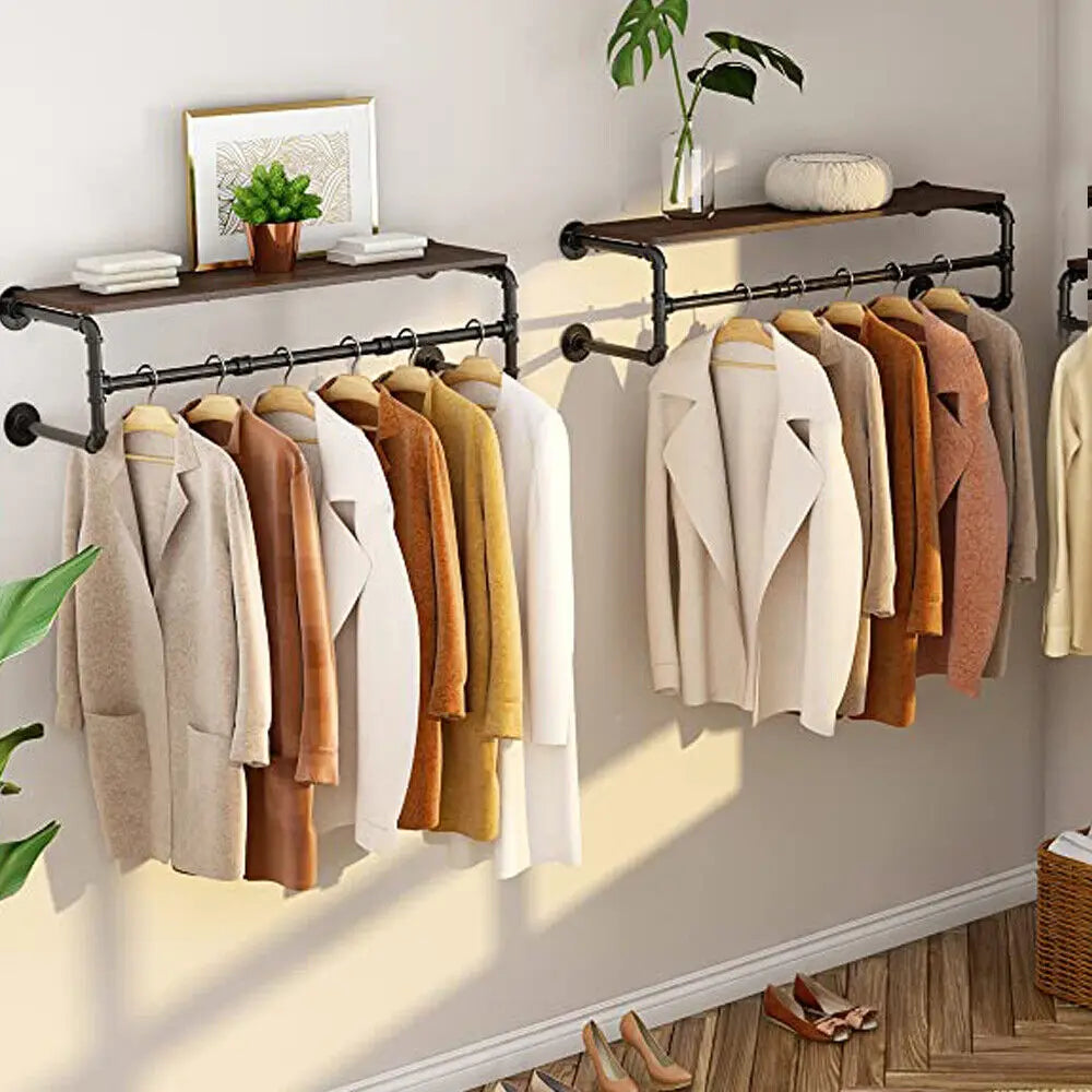 Industrial Pipe Clothing Rack, Wall Mounted  Pipe Shelving with wooden top shelf